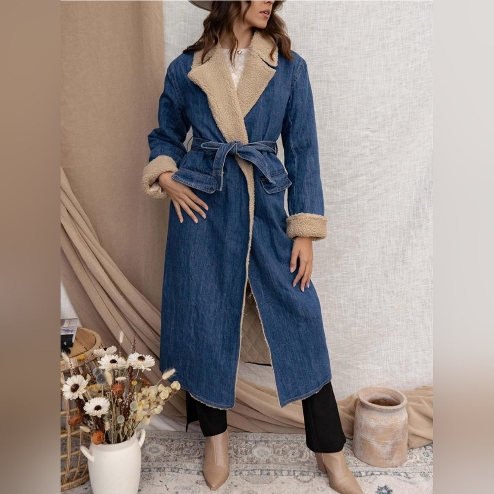 NEW!!! Women's Blue Denim Long Jean Jacket with Beige Lining & Sherpa Collar